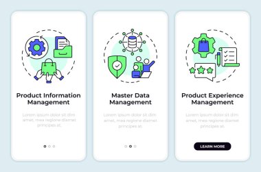 PIM vs MDM vs PEM mobil uygulama ekranında. Ürün verileri. Doğrusal kavramlarla birlikte düzenlenebilir grafik yönergelerini gezdir. UI, UX, GUI. Montserrat Yarı Kalın, Düzenli yazı tipleri