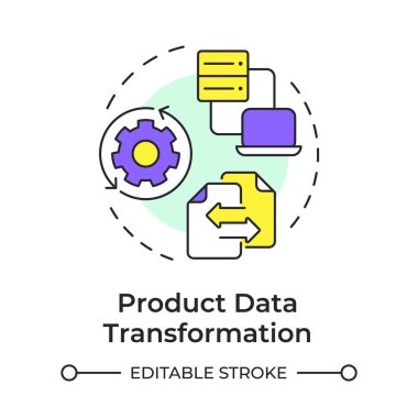 Ürün veri dönüşümü çok renkli konsept simgesi. Mal bilgi işleme. PIM özelliği. Yuvarlak şekil çizimi. Soyut bir fikir. Grafik tasarımı. Sunumda kullanması kolay