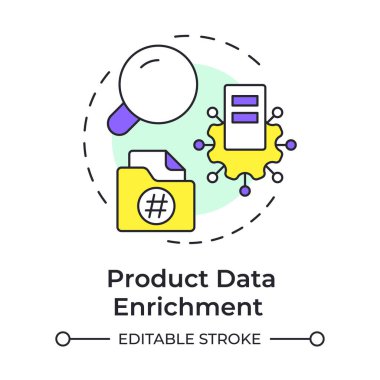 Ürün veri zenginleştirme çok renkli konsept simgesi. E-ticaret mallarının ek nitelikleri. PIM özelliği. Yuvarlak şekil çizimi. Soyut bir fikir. Grafik tasarımı. Sunumda kullanması kolay