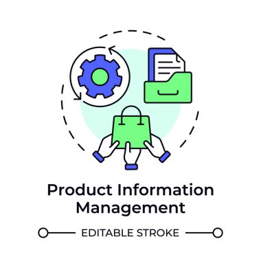 Ürün bilgi yönetimi çok renkli konsept simgesi. Merkezi veri toplama sistemi. E ticaret. Yuvarlak şekil çizimi. Soyut bir fikir. Grafik tasarımı. Sunumda kullanması kolay
