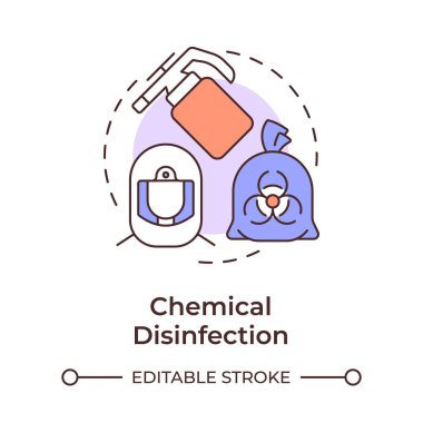 Kimyasal dezenfeksiyon çok renkli konsept ikonu. Biyomedikal atık. Biyolojik tehlike koruma ekipmanları, dezenfektanlar. Yuvarlak şekil çizimi. Soyut bir fikir. Grafik tasarımı. Makalede kullanması kolay