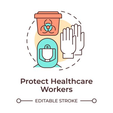 Sağlık çalışanlarını çok renkli konsept ikonu olarak koru. Biyolojik tehlike koruma ekipmanları. Yönetmelik, uyum. Yuvarlak şekil çizimi. Soyut bir fikir. Grafik tasarımı. Sunumda kullanması kolay