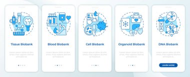 Mobil uygulama ekranında mavi biyo bankaların türleri. Biyoepatoryum. Doğrusal kavramlarla düzenlenebilir grafik yönergelerini 5 adımda gezdir. UI, UX, GUI. Montserrat Yarı Kalın, Düzenli yazı tipleri