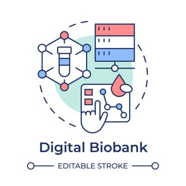 Dijital biyobankalar çok renkli konsept simgesi. Biyolojik bilgilerle çevrimiçi platformlar. Biorepository sınıflandırması. Yuvarlak şekil çizimi. Soyut bir fikir. Grafik tasarımı. Makalede kullanması kolay