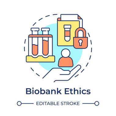 Biobank etik çok renkli konsept ikonu. Biyolojik numunelerin sorumlu işlemesi. Biorepositoryal yardım. Yuvarlak şekil çizimi. Soyut bir fikir. Grafik tasarımı. Makalede kullanması kolay