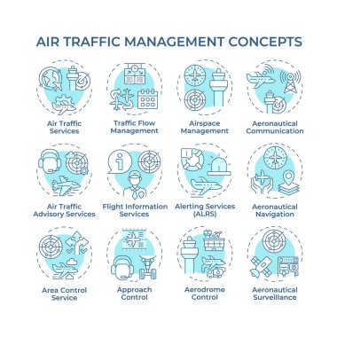 Hava trafik yönetimi yumuşak mavi konsept simgeleri. Uçuş organizasyonu. İletişim, navigasyon. Simge paketi. Vektör görüntüleri. Makale için yuvarlak şekilli çizimler, blog yazıları. Soyut fikir
