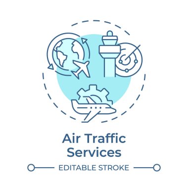 Hava trafik hizmetleri yumuşak mavi konsept simgesi. Kule kontrol, yönlendirme. Hava sahası yönetimi. Yuvarlak şekil çizimi. Soyut bir fikir. Grafik tasarımı. Makalede kullanması kolay, günlük paylaşımı