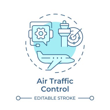 Hava trafik kontrol yumuşak mavi konsept ikonu. İletişim sistemleri. Hizmet, teknoloji. Yuvarlak şekil çizimi. Soyut bir fikir. Grafik tasarımı. Makalede kullanması kolay, günlük paylaşımı