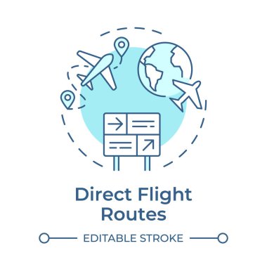 Doğrudan uçuş rotaları yumuşak mavi konsept simgesi. Uçak gezisi, turizm. Seyahat, yolculuk. Yuvarlak şekil çizimi. Soyut bir fikir. Grafik tasarımı. Makalede kullanması kolay, günlük paylaşımı