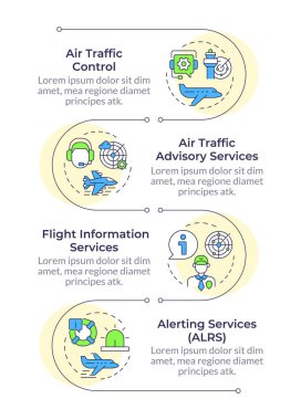 Uçuş servisleri için dikey bilgi dizisi. Hava trafik kontrolü. Uçuş operatörü, kumanda. 4 adımlı görselleştirme bilgi tablosu. Daireler iş akışı. Montserrat Yarı Kalın, Lato Düzenli yazı tipleri