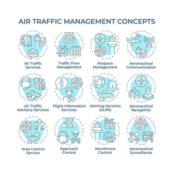 Hava trafik yönetimi yumuşak mavi konsept simgeleri. Uçuş organizasyonu. İletişim, navigasyon. Simge paketi. Vektör görüntüleri. Makale için yuvarlak şekilli çizimler, blog yazıları. Soyut fikir