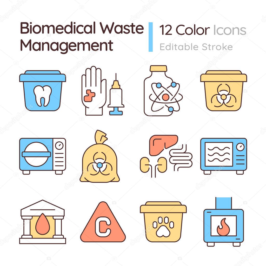 Biomedical waste management line color icons set. Infection control, regulation. Disinfection methods, disposal. Vector illustrations. Simple flat colorful symbols collection. Editable stroke