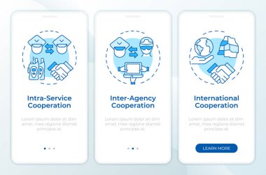 Mobil uygulama ekranında mavi işbirliği seviyeleri. IBM sistemi. Doğrusal kavramlarla birlikte düzenlenebilir grafik yönergelerini gezdir. UI, UX, GUI. Montserrat Yarı Kalın, Düzenli yazı tipleri