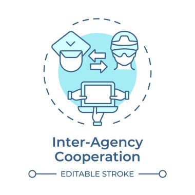 Teşkilatlar arası işbirliği. Yumuşak mavi konsept simgesi. Ajanslar arası işbirliği. IBM koordinasyonu. Yuvarlak şekil çizimi. Soyut bir fikir. Grafik tasarımı. Promosyon malzemelerinde kullanması kolay