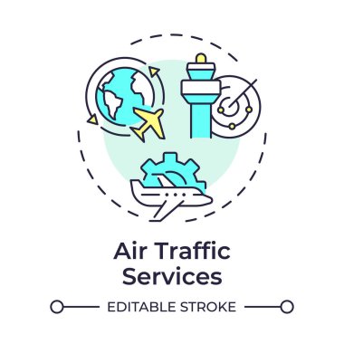 Hava trafik hizmetleri çok renkli konsept simgesi. Kule kontrol, yönlendirme. Hava sahası yönetimi. Yuvarlak şekil çizimi. Soyut bir fikir. Grafik tasarımı. Makalede kullanması kolay, günlük paylaşımı