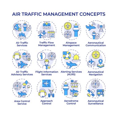 Hava trafik yönetimi çok renkli konsept simgeleri. Uçuş organizasyonu. İletişim, navigasyon. Simge paketi. Vektör görüntüleri. Makale için yuvarlak şekilli çizimler, blog yazıları. Soyut fikir