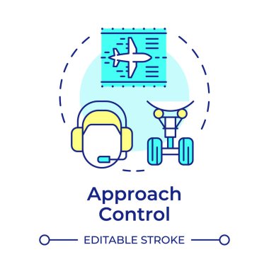 Yaklaşım denetimi çok renkli konsept simgesi. Uçuş operatörü, kumanda. Terminal manevra. Yuvarlak şekil çizimi. Soyut bir fikir. Grafik tasarımı. Makalede kullanması kolay, günlük paylaşımı