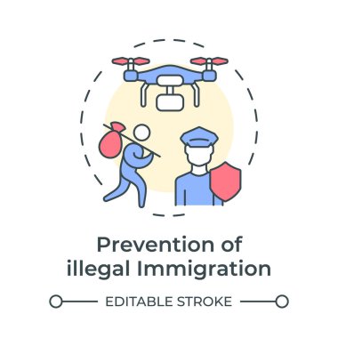 Yasadışı göçmenlik konsepti ikonunun önlenmesi. Sınırların ötesinde hareket. IBM 'in hedefi. Yuvarlak şekil çizimi. Soyut bir fikir. Grafik tasarımı. Promosyon malzemelerinde kullanması kolay
