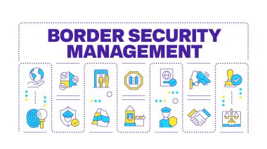 Sınır güvenlik sözcüğü kavramı beyaza izole edildi. Ulusal güvenlik stratejisi. IBM. Düzenlenebilir renkli çizgi simgeleriyle çevrili yaratıcı illüstrasyon afişi. İnbot Sans yazı tipi kullanıldı