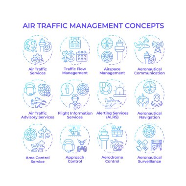 Hava trafik yönetimi mavi gradyan konsept simgeleri. Uçuş organizasyonu. İletişim, navigasyon. Simge paketi. Vektör görüntüleri. Makale için yuvarlak şekilli çizimler, blog yazıları. Soyut fikir