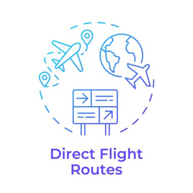 Doğrudan uçuş rotaları mavi gradyan konsept simgesi. Uçak gezisi, turizm. Seyahat, yolculuk. Yuvarlak şekil çizimi. Soyut bir fikir. Grafik tasarımı. Makalede kullanması kolay, günlük paylaşımı