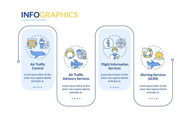 Hava trafiği danışmanlık hizmetleri bilgi vektörünü dikdörtgen içine alır. Uçuş bilgileri, alarm. Veri görselleştirmesi 4 adımda. Düzenlenebilir dikdörtgen seçenekler çizelgesi. Kullanılan Lato Kalın, Düzenli yazı tipleri
