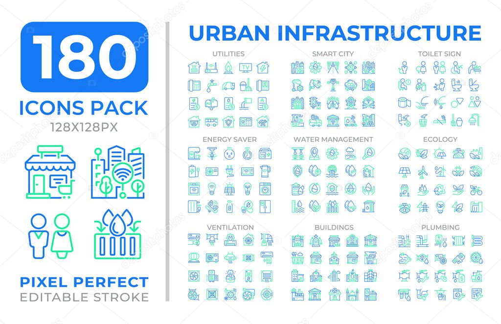 Urban infrastructure two color line icons set collection. Citizens conveniences. City development strategy bicolor outline mega pack isolated, pixel perfect. Duotone thin lineart. Editable stroke
