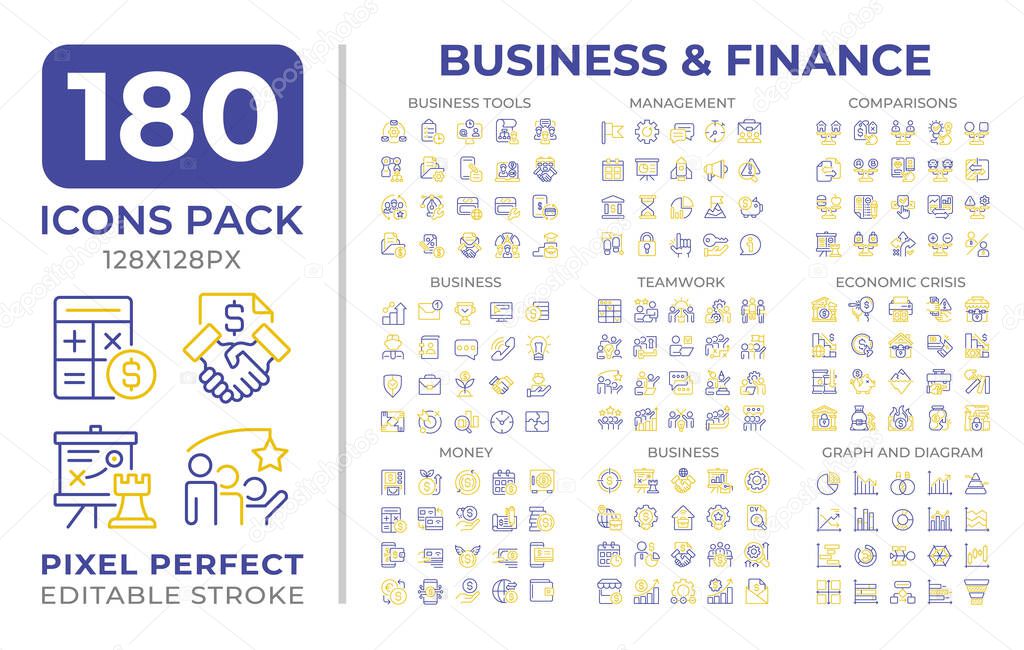 Business and finance two color line icons set collection. Commercial strategy. Corporate development management bicolor outline mega pack isolated, pixel perfect. Duotone thin lineart. Editable stroke