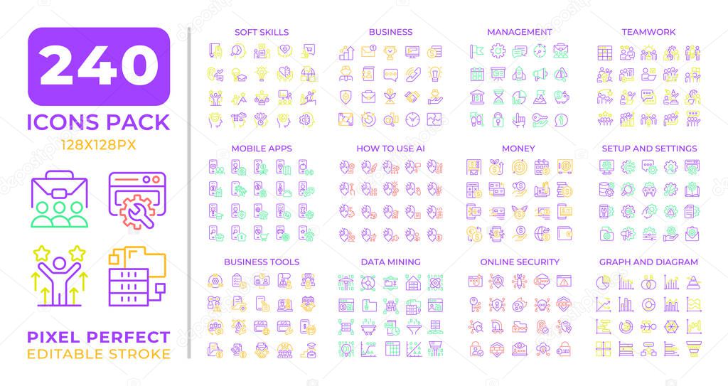 Digital business two color line icons set collection. E commerce management. Online marketing data analytics bicolor outline mega pack isolated, pixel perfect. Duotone thin lineart. Editable stroke