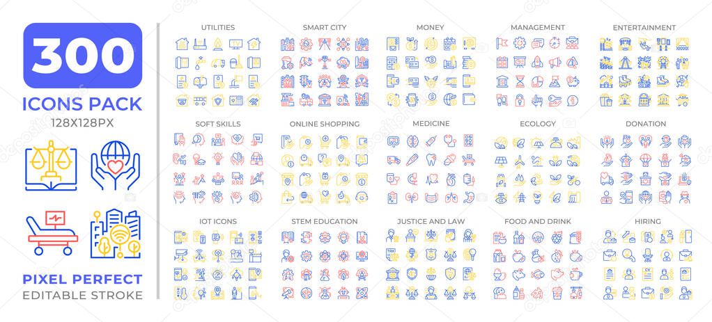 Business and services two color line icons set collection. Technology integration in industries development bicolor outline mega pack isolated, pixel perfect. Duotone thin lineart. Editable stroke