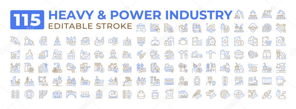 Heavy and power industry two color line icons set collection. Modern machinery technology with electricity generation bicolor outline mega pack isolated. Duotone thin lineart. Editable stroke