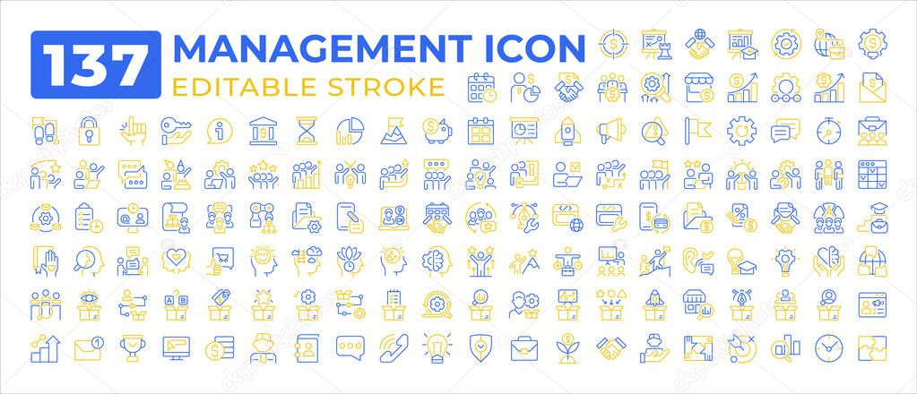 Management two color line icons set collection. Business development strategy. Corporate planning process solutions bicolor outline mega pack isolated. Duotone thin lineart. Editable stroke