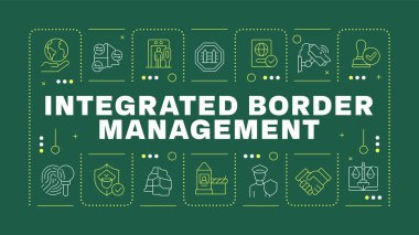 Entegre sınır yönetimi çam yeşil kelime kavramı. Uluslararası güvenlik için işbirliği. Yatay vektör görüntüsü. Düzenlenebilir taslak simgelerle çevrili başlık metni. İnbot Sans yazı tipi kullanıldı