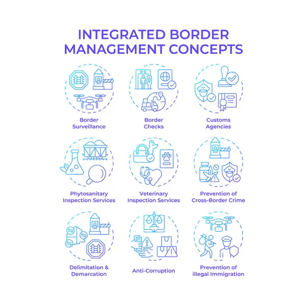 Entegre sınır yönetimi mavi gradyan konsept simgeleri. Güvenlik yetkilileri işbirliği yapıyor. Ulusal servis. Simge paketi. Vektör görüntüleri. Broşür için yuvarlak şekilli çizimler. Soyut fikir