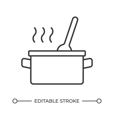 Esrar çizgisi ikonunda yemek pişirmek. Yükselen buharlı ve kaşıklı tencere. Sağlıklı ev yapımı yemek hazırlıyorum. Çorba tarifi. İzole vektör çizimi. Taslak sembol. Basit doğrusal çizim. Düzenlenebilir vuruş