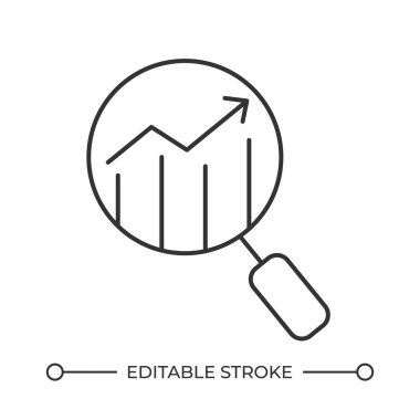 Veri analiz çizgisi simgesi. Büyüteçle büyüme grafiğine bakıyorum. Borsa eğilimleri araştırması. İzole vektör çizimi. Taslak sembol. Basit doğrusal çizim. Düzenlenebilir vuruş