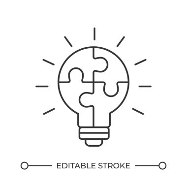 Yenilikçi görevler çözümleri satır simgesi. Yapboz parlayan bir ampul. İç görü paylaşımı. Alternatif fikirler. İzole vektör çizimi. Taslak sembol. Basit doğrusal çizim. Düzenlenebilir vuruş