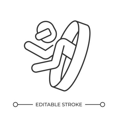 VR kullanıcısı portal çizgisi simgesinde yürüyor. Video oyunlarının geleceği. Gözlüklü biri sanal deneyimin tadını çıkarıyor. İzole vektör çizimi. Taslak sembol. Basit doğrusal çizim. Düzenlenebilir vuruş