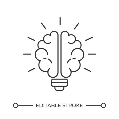 Beyin çizgisi ikonlu ampul. Yaratıcı zihniyet kavrayışlar yaratır. Pozitif düşüncenin gücü. İlham. İzole vektör çizimi. Taslak sembol. Basit doğrusal çizim. Düzenlenebilir vuruş