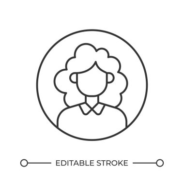 Kadın kullanıcı avatar çizgisi simgesi. Yuvarlak çerçeveli, yüzü olmayan kıvırcık saçlı kadın. Sosyal medya profili. Kişisel hesap. İzole vektör çizimi. Taslak sembol. Basit doğrusal çizim. Düzenlenebilir vuruş