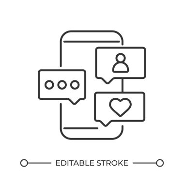 Akıllı telefon hattı simgesinde sohbet edin. Sosyal medyada mesaj yolluyorum. İletişim cihazı kullanımı. İnternet servisi. İzole vektör çizimi. Taslak sembol. Basit doğrusal çizim. Düzenlenebilir vuruş