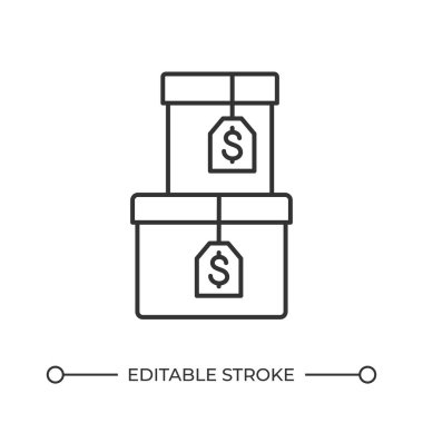 Fiyat etiketli kutular satır simgesi. Tatil satışı teklifi. Perakende satış indirimi. Yığınlanmış ürün paketleri. İzole vektör çizimi. Taslak sembol. Basit doğrusal çizim. Düzenlenebilir vuruş