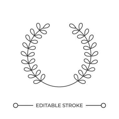 Kazanan çizgi ikonu için yuvarlak defne çelengi. Yarışma zaferi için klasik ödül. Zeytin, Yunan kupasını dallandırır. İzole vektör çizimi. Taslak sembol. Basit doğrusal çizim. Düzenlenebilir vuruş