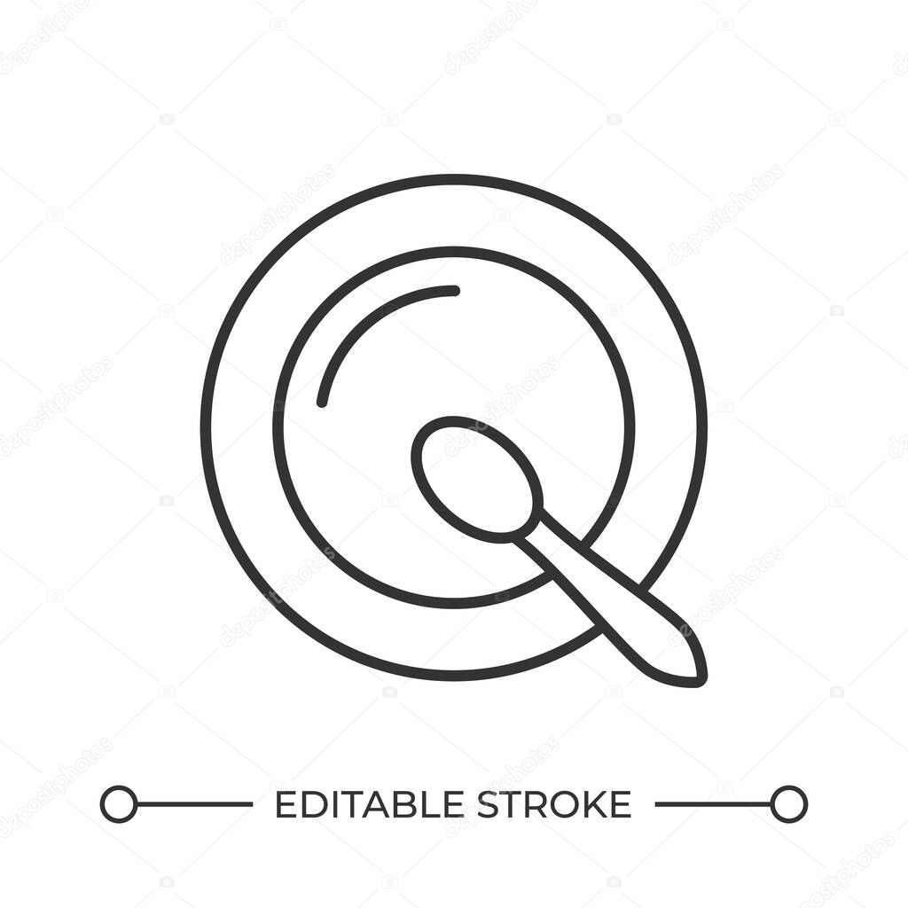 Plate with spoon top view line icon. Dinner tableware to serve food. Empty dish with cutlery after lunch. Isolated vector illustration. Outline symbol. Simple linear drawing. Editable stroke