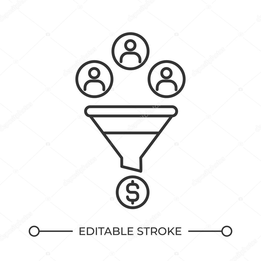Sales funnel line icon. Engaging customers to buy products. Business model for purchases increasing. Isolated vector illustration. Outline symbol. Simple linear drawing. Editable stroke