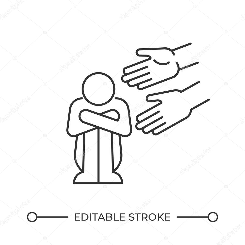 Supporting person in trouble line icon. Helping hands for victim. Emotional care during depression episode. Isolated vector illustration. Outline symbol. Simple linear drawing. Editable stroke