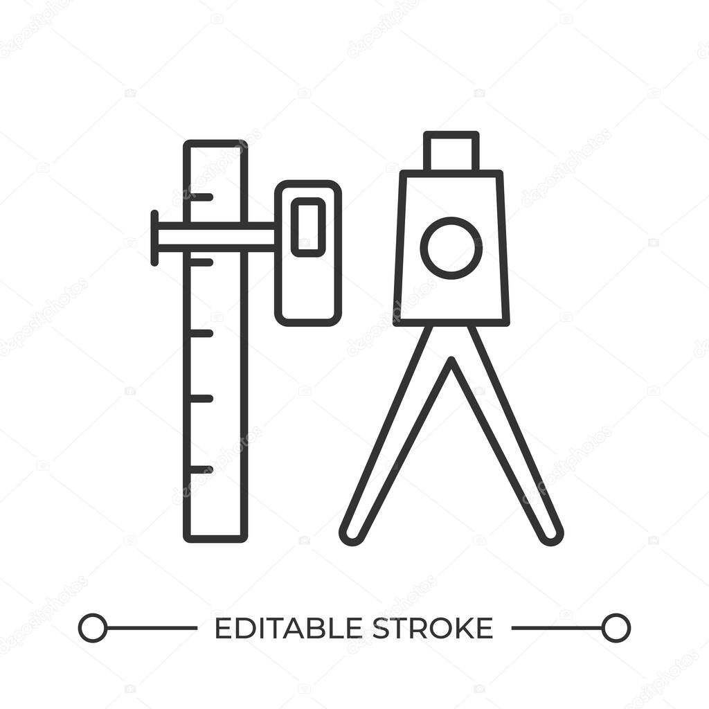 Geodesist tools line icon. Theodolite and prism. Geodetic survey equipment. Ground exploration expedition. Isolated vector illustration. Outline symbol. Simple linear drawing. Editable stroke
