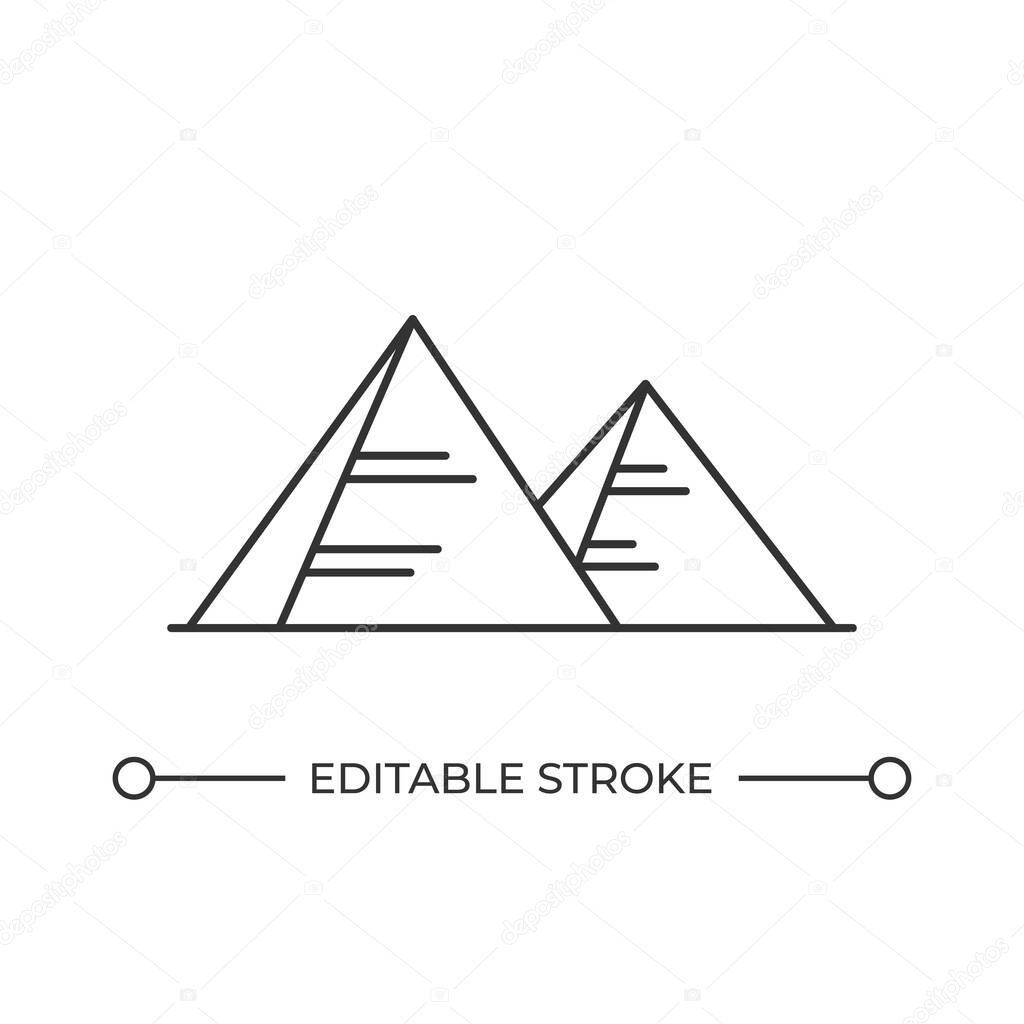 Egyptian pyramids line icon. Heritage of gone ancient culture. Historic architectural landmarks among desert. Isolated vector illustration. Outline symbol. Simple linear drawing. Editable stroke