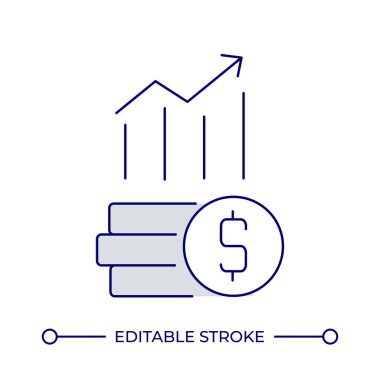 Kar büyüme çizgisi renk simgesi. Paralar yükselen okla istiflenir. Finansal başarı. İş geliştirme. İzole vektör çizimi. Düz renkli sembol tasarımı. Düzenlenebilir vuruş