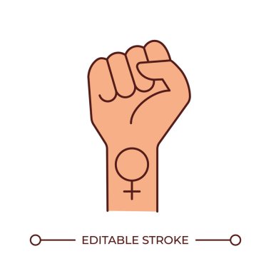 Feminizm çizgisi renk simgesi. Venüs aynası dövmeli bir kadın yumruğu. Eşit haklar için savaş. Kadın yetkilendirmesi. İzole vektör çizimi. Düz renkli sembol tasarımı. Düzenlenebilir vuruş
